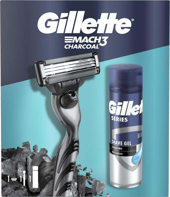 Подарунковий набір Gillette Mach3 Станок для гоління чоловічий (бритва) Charcoal з 1 змінним картриджем + Гель для гоління 200 мл фото