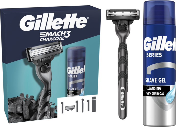 Подарочный набор Gillette Mach3 Станок для бритья мужской (бритва) Charcoal с 1 сменным картриджем + Гель для бритья 200 мл фото