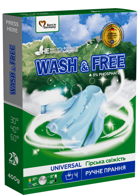 Пральний порошок Wash&Free РУЧНЕ прання Гірська свіжість 400г фото