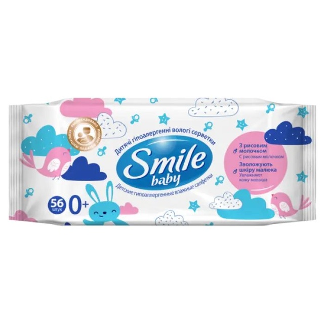 Вологі серветки Smile Baby, з рисовим молочком, 56 шт фото