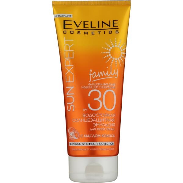 Сонцезахисна водостійка емульсія з олією кокосу EVELINE SUN EXPERT SPF30 200мл фото