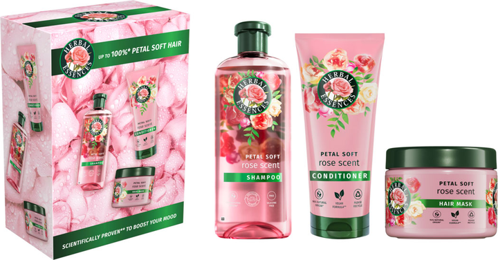 Подарочный набор Herbal Essences Rose Petal Soft Шампунь 350 мл + Бальзам-ополаскиватель 250 мл + Маска для волос 300 мл фото