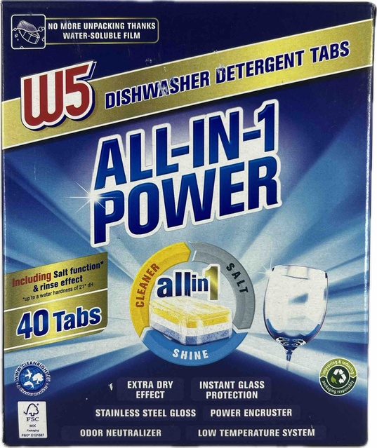 Таблетки для посудомийних машин W5 All-in-1 Power 40 шт фото