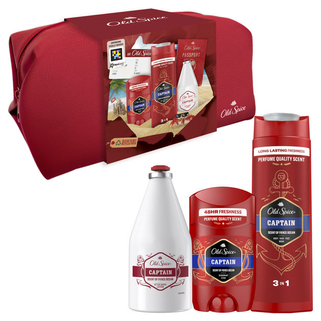 Подарунковий набір Old Spice Traveller Captain: Гель для душу 3-в-1 250 мл + Твердий дезодорант 50 мл + Лосьйон після гоління 100 мл + Косметичка фото