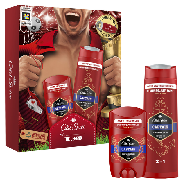 Подарунковий набір Old Spice Captain Footballer Дезодорант-стік 50 мл + Гель для душу 3-в-1 250 мл + Відкривачка для пляшок фото