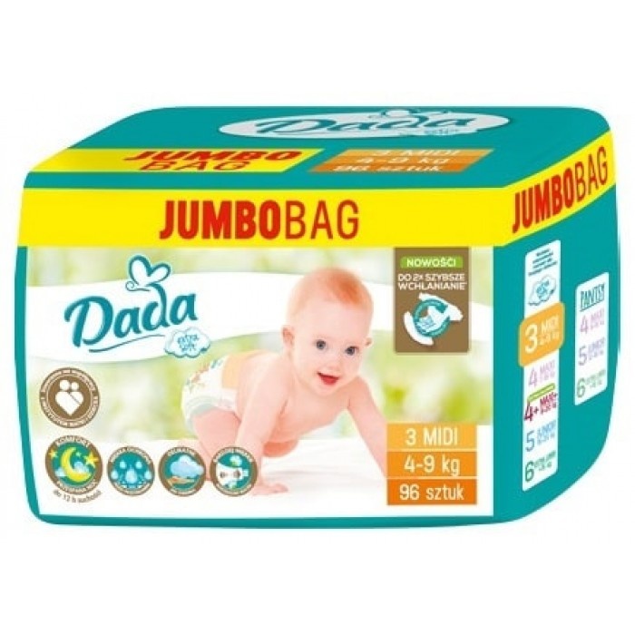 Підгузки дитячі DADA Extra Soft (3) midi 4-9кг Jumbo Bag 96 шт фото