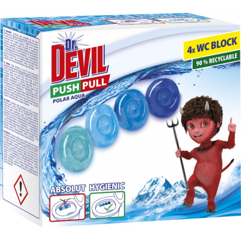 Туалетные блоки без корзины для унитаза Dr.Devil Push Pull Полярная вода 4 шт х 20 г фото