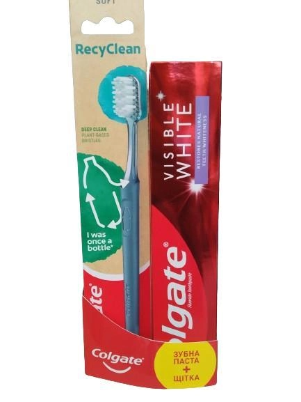 Зубна паста Colgate Visible White 75 мл + зубна щітка RECY CLEAN фото