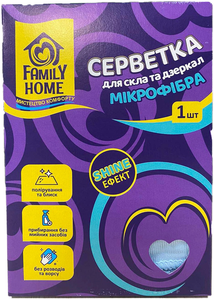 Салфетка для стекла и зеркал FAMILY Home микрофибра 1шт фото