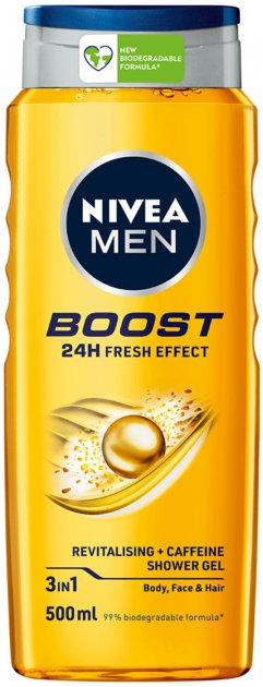 Гель для душа Nivea Men Boost 3в1 для тела лица волос с кофеином 500 мл фото