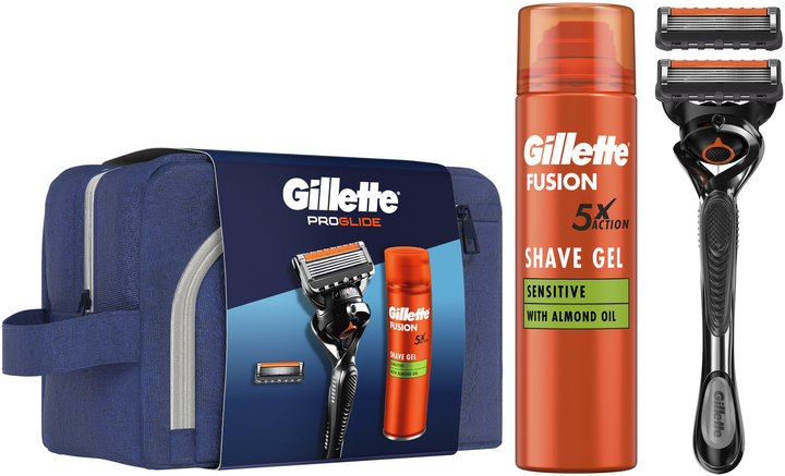 Бритвенный набор Gillette Fusion Proglide Бритва + Sensitive Shave Gel 200 мл + косметичка Fusion 5 фото