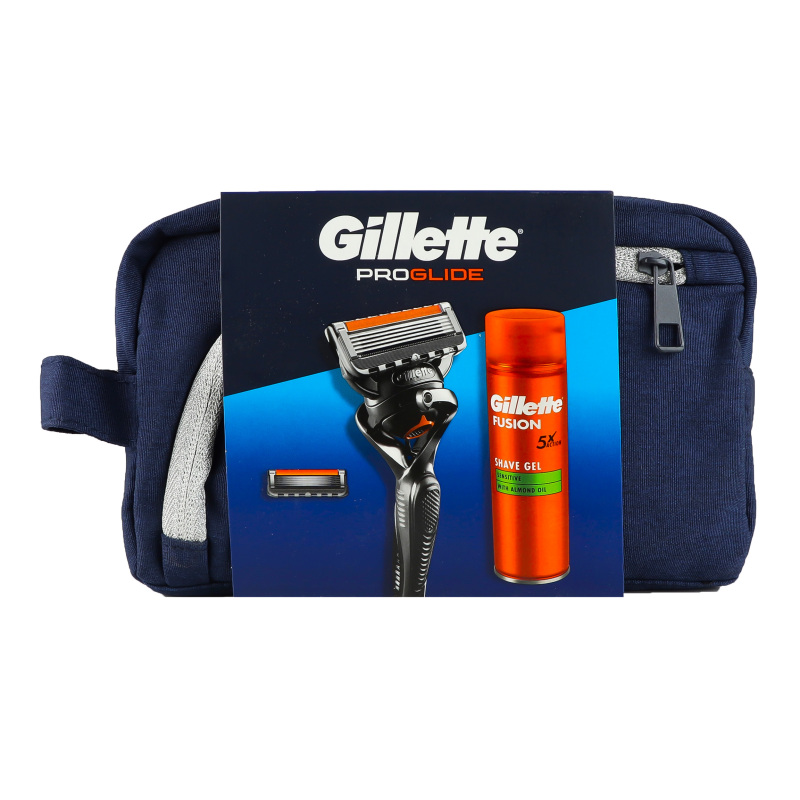 Бритвенный набор Gillette Fusion Proglide Бритва + Sensitive Shave Gel 200 мл + косметичка Fusion 5 фото