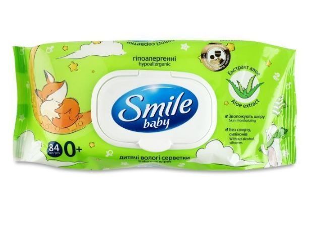 Серветки вологі гіпоалергенні Smile Baby 0 + з екстрактом алоє, 84 шт фото